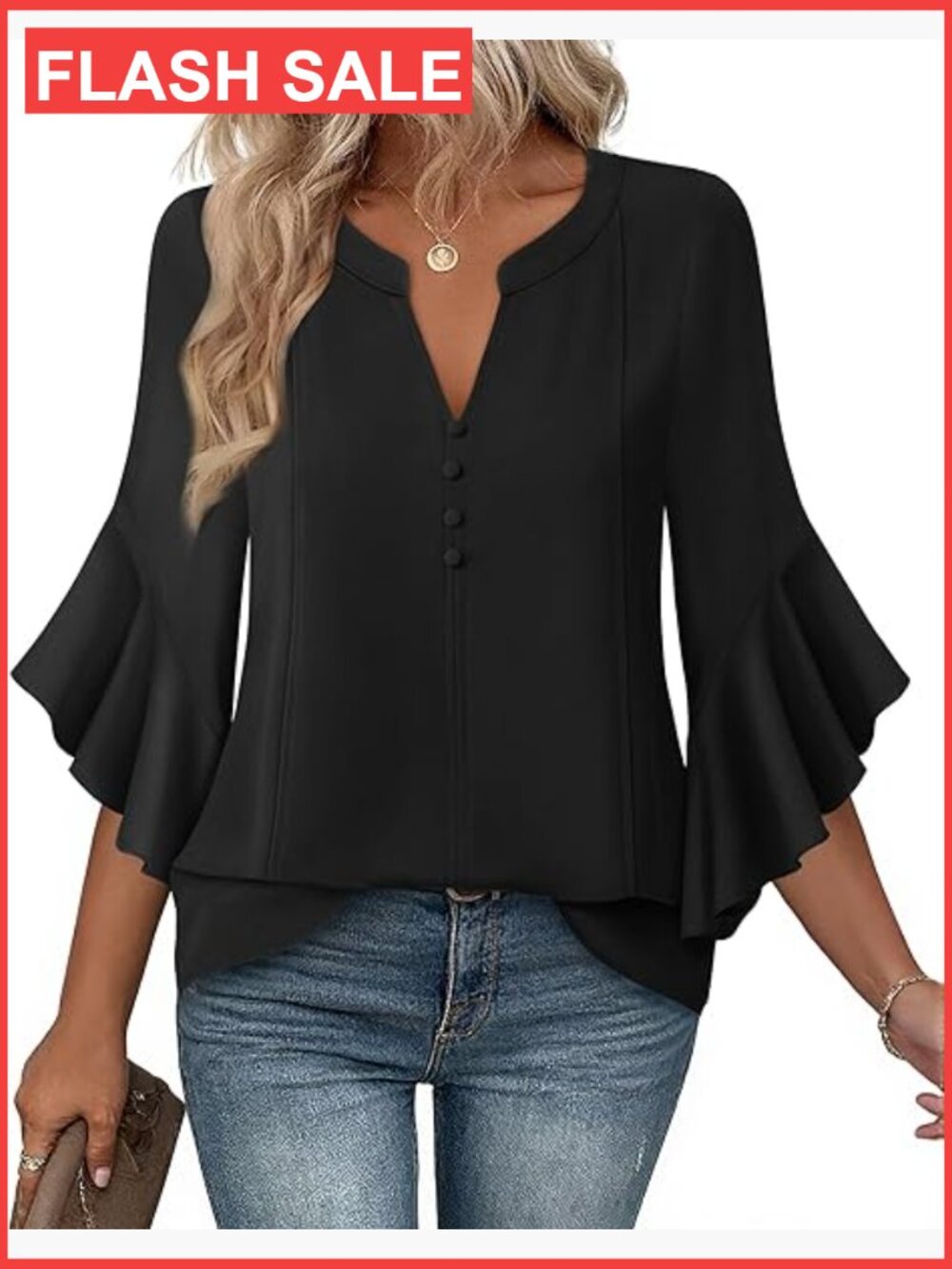 Dressy Casual Ruffle 3/4 Sleeve Henley V Neck Chiffon Blouse with Buttons